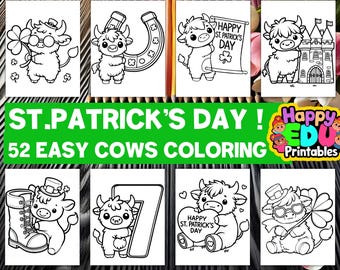 St. Patrick’s Day Cow Coloring Pages Easy Holiday Coloring for Kids Highland Cow Printable Digital Download Preshool Color Sheets