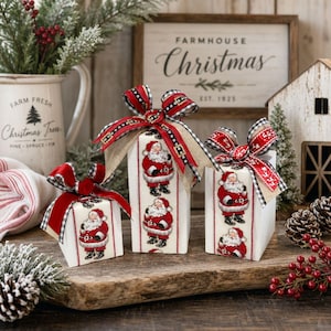Farmhouse Santa Christmas Gift Wood Blocks, Rustic Shelf Sitter Decor