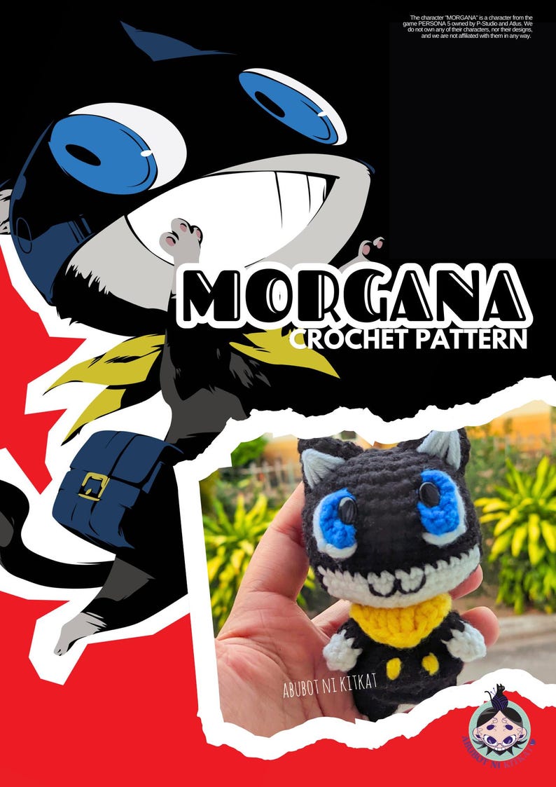 Może przedstawiać: Ilustracja postaci Morgana z gry Persona, z tekstem "Morgana Crochet Pattern". Pokazana jest r&oacute;wnież szydełkowa lalka Morgana, trzymana w dłoni. Lalka ma niebieskie oczy i ż&oacute;łty szalik.