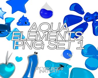Aqua Y2K Elements Set 1 Blue Glass PNG 3D Digital Files