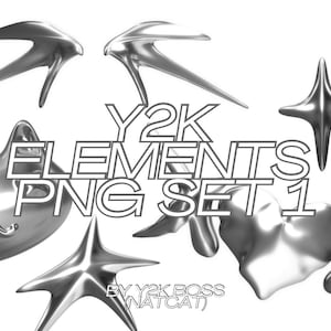 May include: A set of silver Y2K design elements, including stars, a cat, and abstract shapes. The text "Y2K ELEMENTS PNG SET 1 BY Y2K BOSS (NATCAT)" is included in the image.