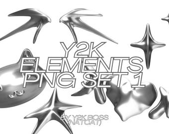 Y2K Elements Set 1 Silver Chrome PNG 3D Rendering Digital Files