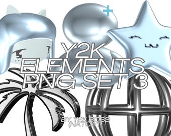 Y2K Elements Set 3 Silver and Blue Chrome PNG 3D Rendering Digital Files