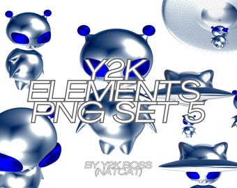 Y2K Chrome Alien Cat PNG Bundle | 7 Cute Metallic Alien Kitten Character Graphics | Transparent Clipart Sticker Sublimation Commercial Use