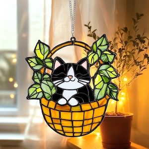 Cat In A Flower Pot Acrylic Window Hangings, NOT Glass, Window Hangings Acrylic Wall Decor, Cat Lover, Plant Lover, Book Lover&#39;s Gift