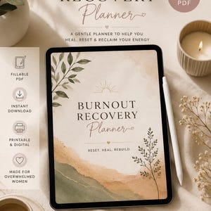 Op de afbeelding: Een digitale Burnout Recovery Planner op een tablet, met de tekst "Reset. Heal. Rebuild." en "Een zachte planner om u te helpen genezen, te resetten en uw energie terug te winnen."