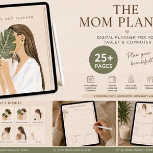 Op de afbeelding: Een digitale planner voor tablets en computers, getiteld "The Mom Planner". De omslag toont een illustratie van een vrouw die een groot groen blad vasthoudt. De planner bevat meer dan 25 pagina's met dagelijkse, wekelijkse en maandelijkse planners, budget trackers en meer.