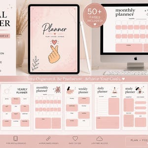 Op de afbeelding: Digitale planner in roze en wit met jaarlijkse, maandelijkse, wekelijkse en dagelijkse planningspagina's. De afbeelding toont een tablet en een computerscherm met de planner, met de tekst "Plan, Focus, Achieve".