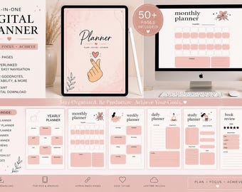 Digitaler Planer mit rosa Blumenmuster | Undatierter, ästhetischer Planer | iPad-Planer (PDF) | Tages-, Wochen- und Monatsplaner | Lern- und Lebensplaner