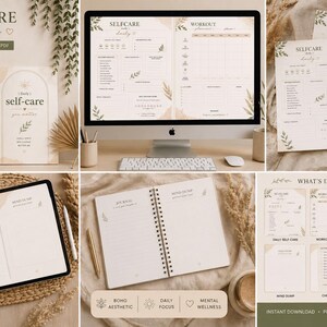 Op de afbeelding: Een zelfzorgplanner met een minimalistisch ontwerp, met de tekst "SELF CARE planner" en "self-care". De afbeelding toont een planner, een dagboek en digitale sjablonen op een computerscherm en tablet. De planner bevat secties voor dagelijkse zelfzorg, trainingen en journaling.