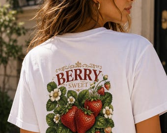 Erdbeer-T-Shirt mit Grafik | Comfort Colors Shirt | Coquette Berry Sweet Club T-Shirt | Niedliches T-Shirt im Vintage-Stil