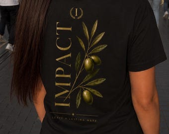 IMPACT Olive Graphic T-Shirt Dames | Luxe Streetwear Tee Zwart | Minimalistische Backprint met Olijftak | Casual Fashion Shirt