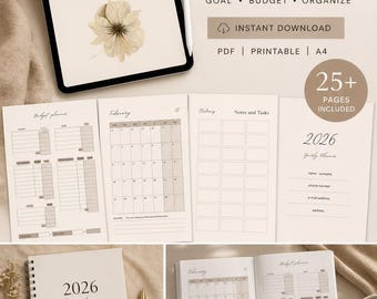 Lebensplaner 2026 (PDF zum Ausdrucken) | Wochen- und Monatsbudgetplaner | Minimalistischer, ästhetischer Organizer mit über 25 Seiten