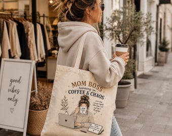 Tragetasche aus Canvas für Mütter | Lustige Muttertasche „Coffee & Chaos“ | Geschenk für Mütter | Tragetasche für Mütter | Muttertagsgeschenk | Wiederverwendbare Einkaufstasche