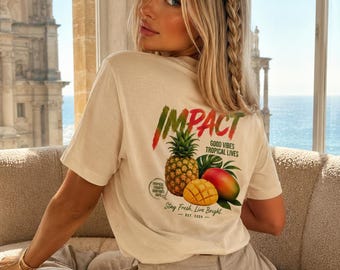 IMPACT Tropical Oversized T-Shirt | Frucht-Grafik-T-Shirt | Sommer-Strandshirt | Urlaubs-T-Shirt | Unisex Streetwear mit Mango-Ananas-Rückenprint