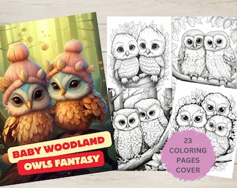 Baby Woodland Owls Fantasy Coloring Page , Woodland Owls Coloring Page, Kids For Gift, Bonus Grayscale Color Page, Instant PDF
