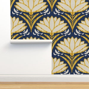 Retro vintage 1920s Art Deco Art Noveau abstract beige white flower with golden outlines on dark navy blue peel and stick wallpaper