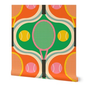 Bold Retro 1960s Court Sport Tennis Racket & Tennis Balls in Geometric ...