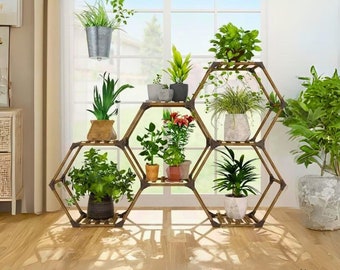 7 Tier Wooden Hexagonal Plant Stand Shelf, Potted Indoor Outdoor Shelf for Plants, Transformable Ladder Holder Shelves, Gift for Plant Lover