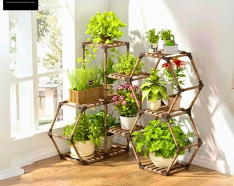 Grande étagère pour plantes hexagonale en bois à 8 niveaux, présentoir intérieur/extérieur en pot, cadeau pour les amateurs de plantes