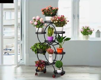 6 Tier 9 Potted Metal Plant Stand, Black Plant Shelves with Wheels, Planter Display Rack Tray, Multi-Layer Indoor Flower Pot Holder Gifts