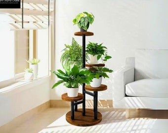 5 Tier Plant Stand, Corner Plant Shelf, Metal Wood Shelves Holder for Indoor Plants, Outdoor Garden Plant Display Rack, Gift for Plant Lover