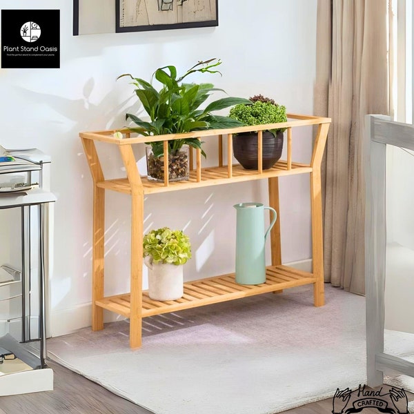 2 Tiers Bamboo Shelf Stand, Tall Window Sill Plant Pot Organizer Holder, Sofa Side Table for Indoor, Corner Flower Display Rack Home Decor