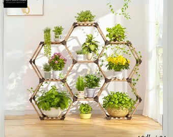 Grande étagère pour plantes hexagonale en bois à 9 niveaux, présentoir intérieur extérieur en pot, cadeau transformable en plusieurs étagères pour plantes d'angle pour amateur de plantes