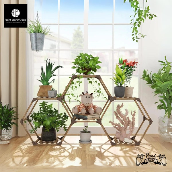 6 Tier Wooden Hexagonal Plant Stand Shelf, Potted Indoor Outdoor Shelf for Plants, Transformable Ladder Holder Shelves, Gift for Plant Lover