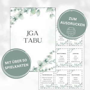 Op de afbeelding: Een printbare set met spelkaarten voor een vrijgezellenfeest, met een groene aquarel achtergrond met eucalyptusbladeren. De kaarten hebben de titel "JGA Tabu" en bevatten categorieën zoals "Brautvaterrede", "Hangover", "Hochzeitsjubilaum", "Hochzeitsplanung" en "Brautjungfern".