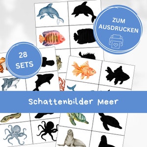 Ozean Schatten Memory Spiel, Montessori passende Karten Kleinkind, druckbares Spiel, Ozeantier Aktivität, druckbares Vorschulspiel
