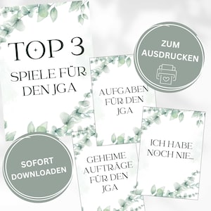 May include: Printable game cards with a green eucalyptus leaf design. The cards feature the text "Top 3 Spiele für den JGA", "Aufgaben für den JGA", "Geheime Aufträge für den JGA", and "Ich habe noch nie..."