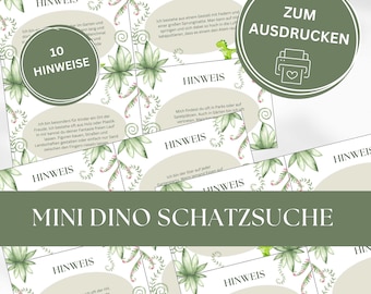 Puede incluir: Una hoja imprimible de tarjetas para una búsqueda del tesoro titulada MINI DINO SCHATZSUCHE. Las tarjetas presentan ilustraciones en acuarela verde de helechos y pequeños dinosaurios, con el texto HINWEIS, 10 HINWEISE y ZUM AUSDRUCKEN.