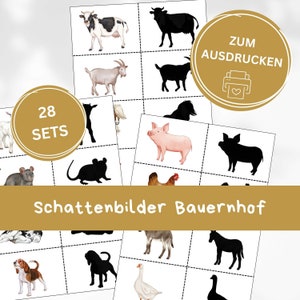 Juego de emparejamiento de sombras de granja Montessori, tarjetas de emparejamiento Montessori para niños pequeños, juego imprimible, actividad de animales de granja, juego preescolar imprimible