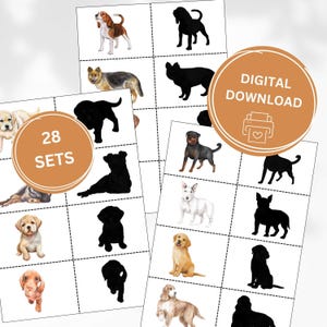 Ombre de chien jeu d'association Montessori, cartes de correspondance Montessori pour tout-petits, jeu à imprimer, activité chien, jeu préscolaire imprimable, jeu de chien