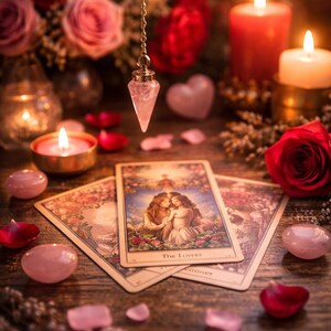 Könnte beinhalten: Ein romantisches Stillleben mit Tarotkarten, Kerzen, Rosen und einem Kristallpendel. Die Tarotkarten zeigen eine Illustration von zwei Figuren. Rosa Rosenblätter und polierte Steine sind um die Karten verstreut. Die Szene wird von Kerzenlicht beleuchtet.