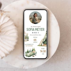 Digitale Camping Einladung Kindergeburtstag – WhatsApp Canva Vorlage – Outdoor Party zum Bearbeiten – Zelt Lagerfeuer Abenteuer