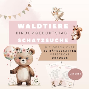 Forest Animal Treasure Hunt for Children&#39;s Birthday Parties | Outdoor & Indoor Scavenger Hunt | 30 Puzzles with Story and Certificate | Boho Forest Party PDF Download