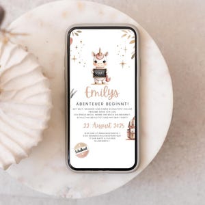 Convite digital para matrícula escolar unicórnio personalizável · Cartão de convite do WhatsApp para volta às aulas pastel · Download instantâneo