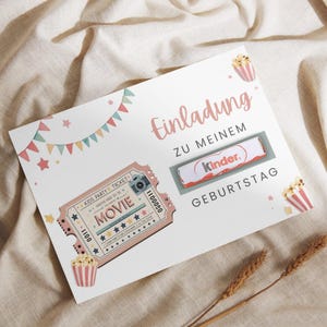 Invitación de cumpleaños de cine para niños – Plantilla PDF para imprimir con Kinderriegel – Tarjeta de invitación personalizable para fiesta de cumpleaños infantil de cine