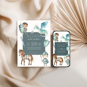 Set Digital Card and WhatsApp Invitation Knight & Dragon – Digital Invitation E-Card | Children&#39;s Birthday Medieval