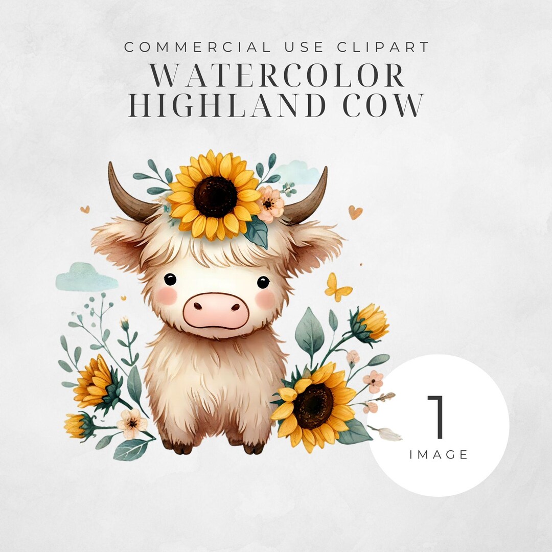 Highland Cow PNG Clipart Watercolor Baby Highland Cow With Sunflowers ...