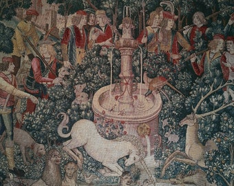 Unicorn at Fountain Contemporary Woven Wall Tapestry Medieval Wall Hanging  “The Hunt of the Unicorn”