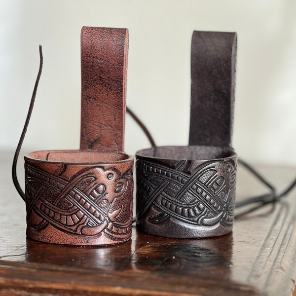 Horn holder, Adjustable Belt Holder for Drinking Horns, Black or Brown Leather Embossed Dragon, Jelling Style