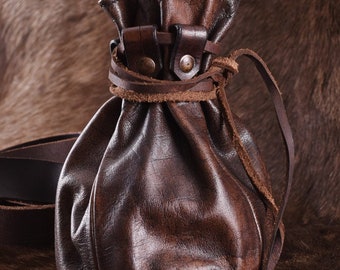 Hand Made Real Brown  Leather Large Drawstring Pouch