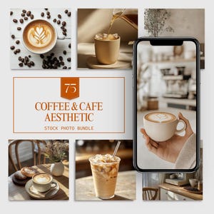 以下が含まれることがあります： コーヒーとカフェの美学をテーマにしたストック写真75点のセットです。ラテ、カプチーノ、アイスコーヒーなど、さまざまなコーヒー飲料が、カフェ、コーヒーショップ、家など、さまざまな場所で紹介されています。ソーシャルメディア、ウェブサイト、マーケティング資料での使用に最適です。