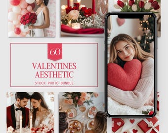 May include: A collage of images with a Valentine's Day theme. The images include a bouquet of red roses, a couple holding hands, a table setting with candles and flowers, a woman holding a heart-shaped pillow, and a phone screen displaying a heart-shaped pillow. The text "60 Valentines Aesthetic Stock Photo Bundle" is displayed in the center of the collage.