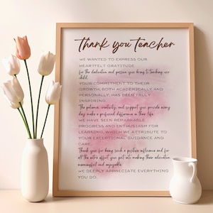 Carta de agradecimiento para padres, imprimible, para maestros de guardería, con cita de agradecimiento, carta de agradecimiento para maestros, regalo de fin de año para maestros, arte mural para el día del maestro