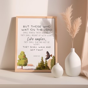 Maar degenen die op de Heer wachten, zullen hun kracht vernieuwen. Jesaja 40 31 schrift kunst aan de muur bijbelvers afdrukken kerkposter woondecoratie