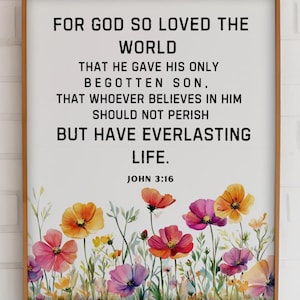 Jean 3:16 imprimable, pour que Dieu a tant aimé le monde, art mural verset biblique, cadeau christianisme, affiche d'église, téléchargement immédiat, impression de la Bible